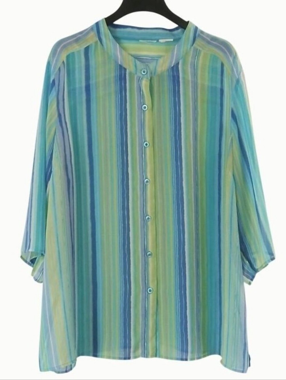 No Tags 3XL? Top Sheer Blues Greens White Vertical Striped